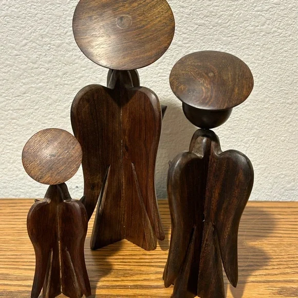 Vintage Wooden Angel Sculpture Trio - Brown - Picture 3 of 11
